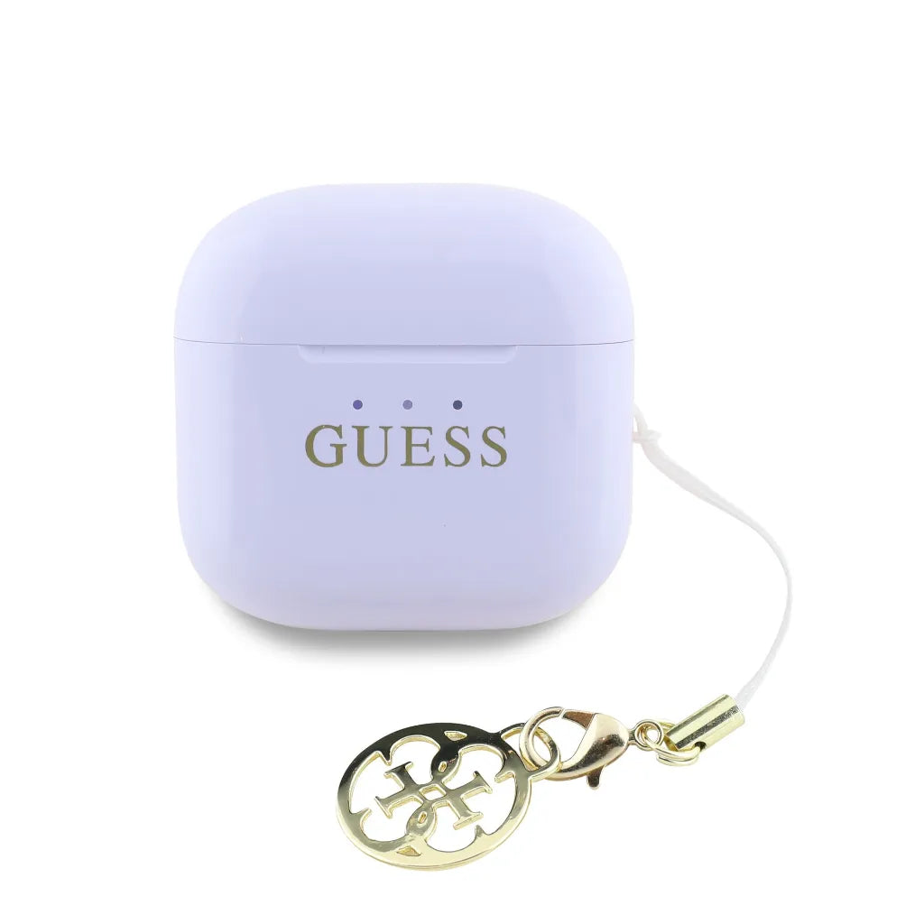 GUESS – Auriculares TWS Brillo Lila con Logo Clásico y Charm Colgante