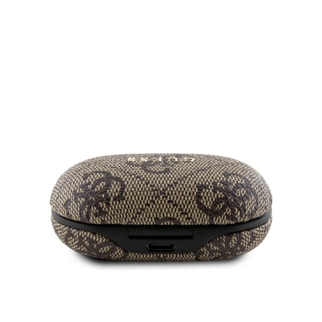 GUESS – Auriculares TWS ENC de Polipiel Marrón con Logo 4G Metalizado
