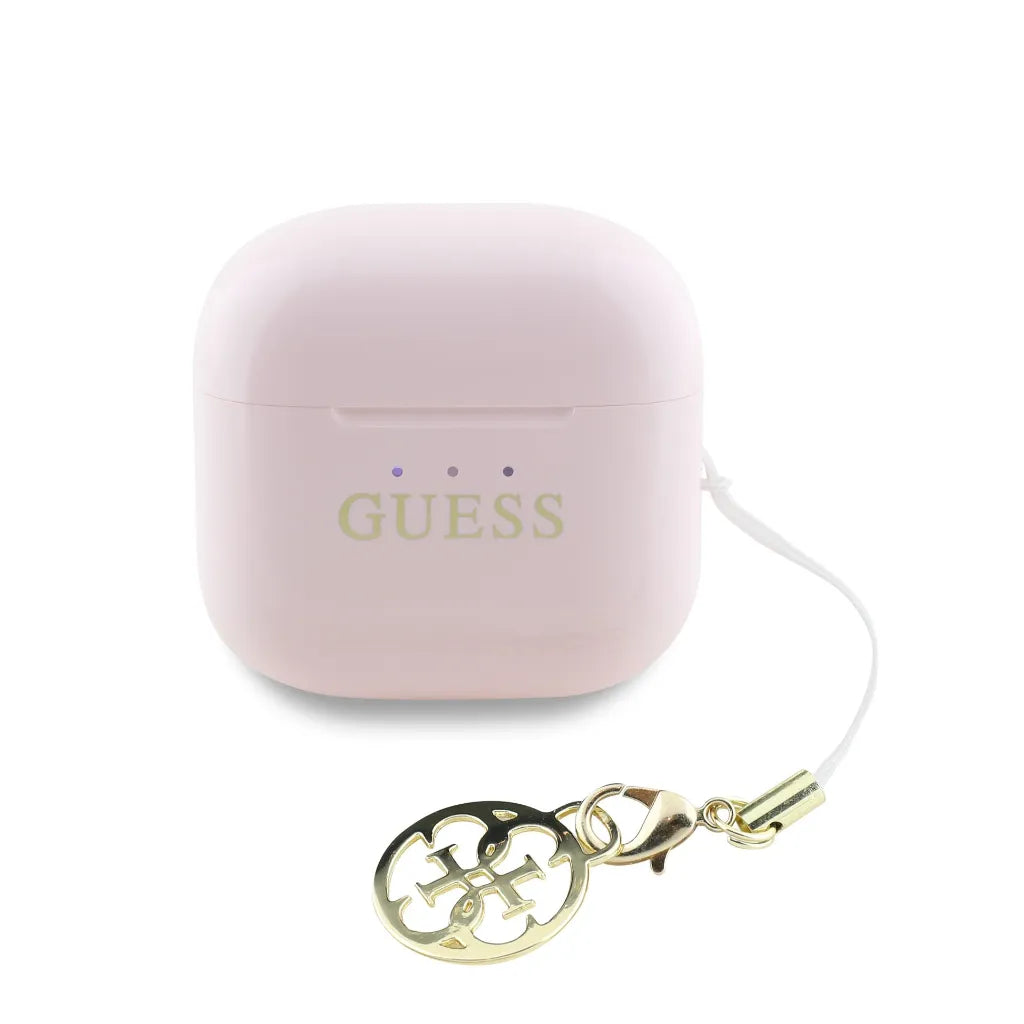 GUESS – Auriculares TWS Brillo Rosa con Logo Clásico y Charm Colgante