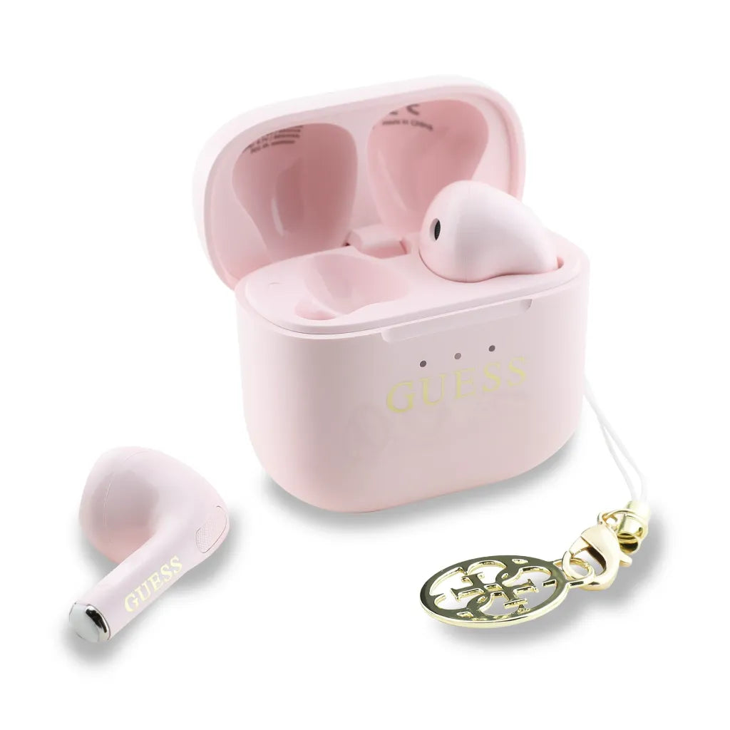 GUESS – Auriculares TWS Brillo Rosa con Logo Clásico y Charm Colgante