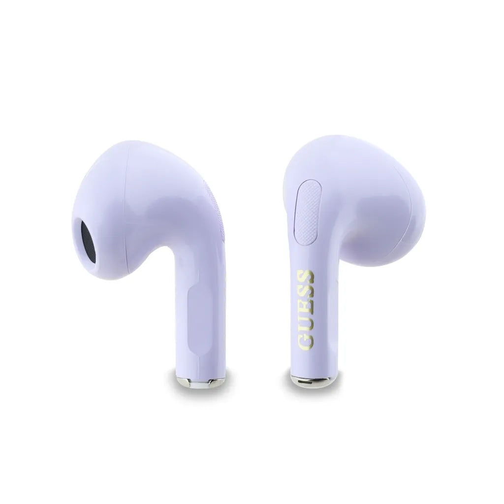 GUESS – Auriculares TWS Brillo Lila con Logo Clásico y Charm Colgante