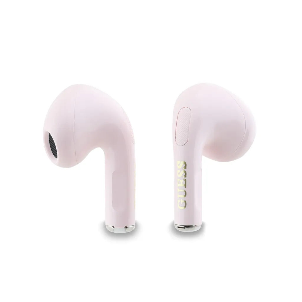 GUESS – Auriculares TWS Brillo Rosa con Logo Clásico y Charm Colgante