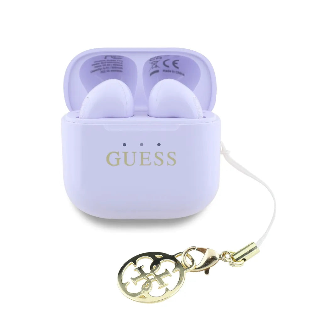 GUESS – Auriculares TWS Brillo Lila con Logo Clásico y Charm Colgante