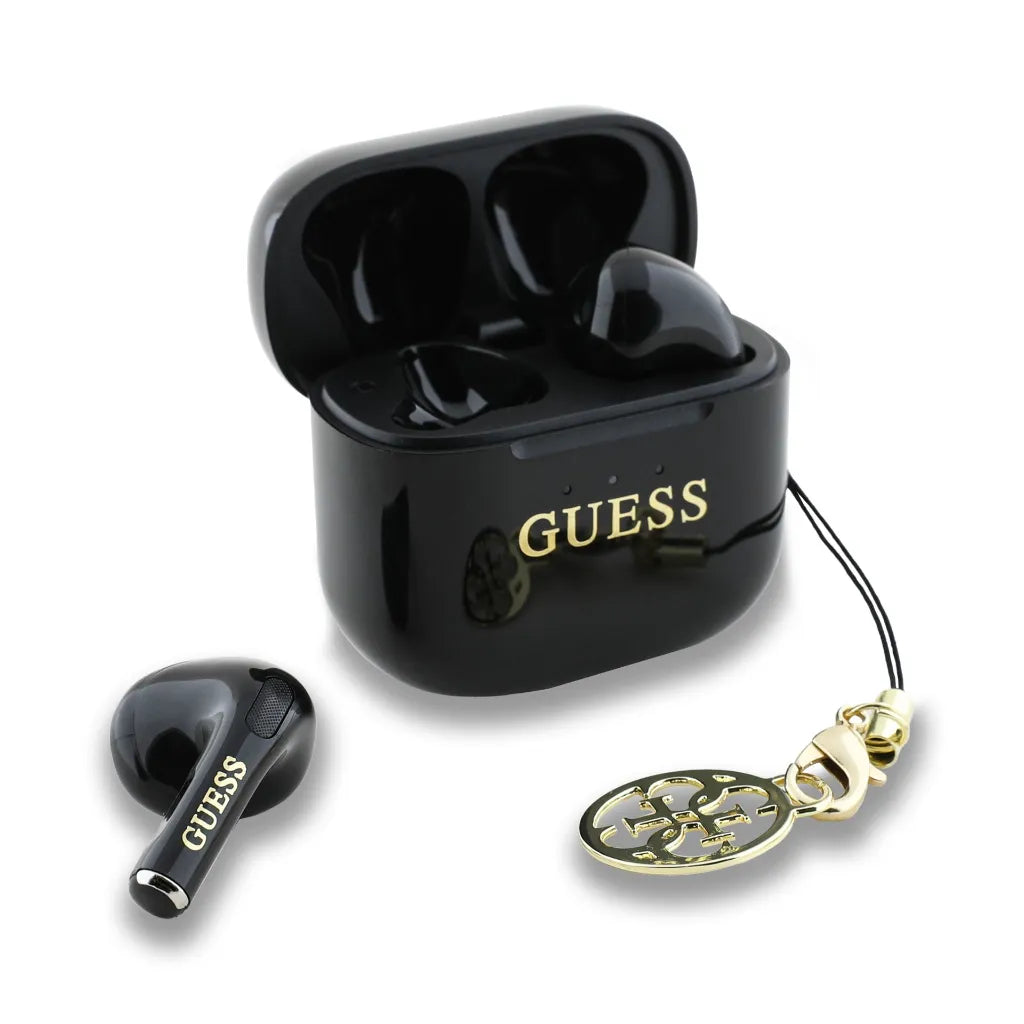 GUESS – Auriculares TWS Brillo Negro con Logo Clásico y Charm Colgante