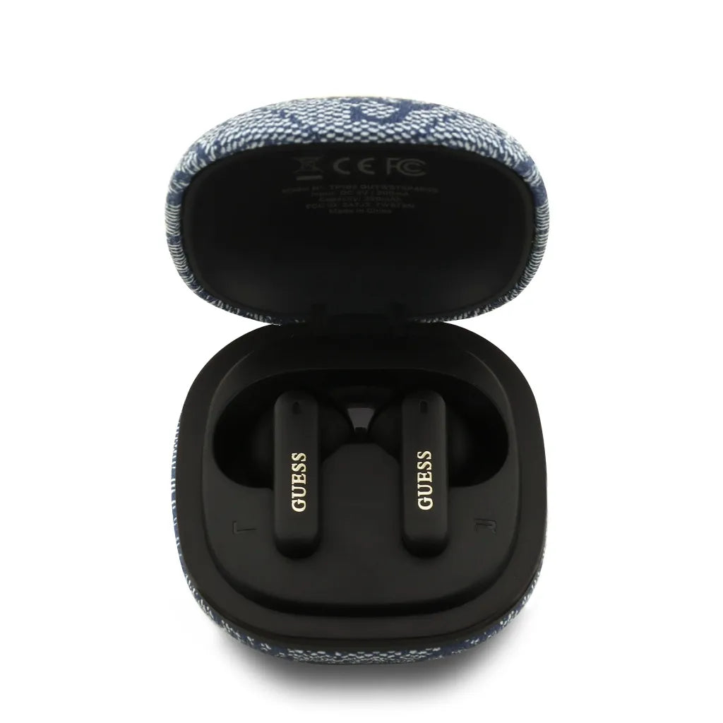 GUESS – Auriculares TWS ENC de Polipiel Azul con Logo Clásico Metalizado