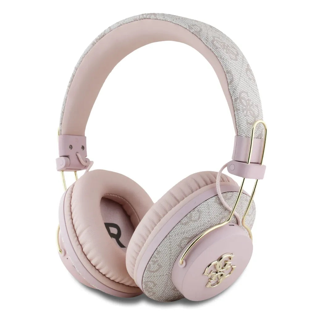 GUESS – Cascos Bluetooth Premium con ENC de Polipiel Rosa y Logo Dorado 4G