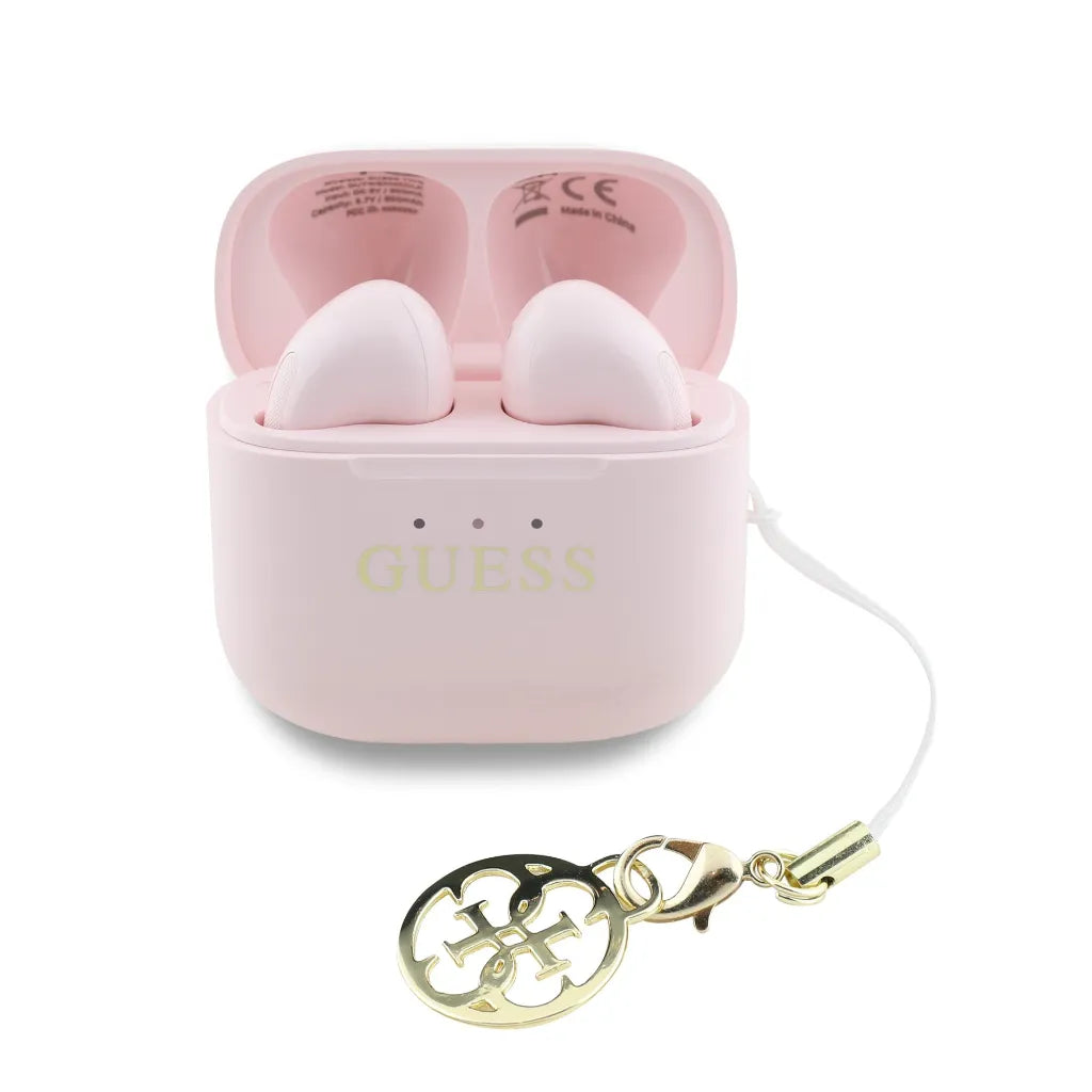 GUESS – Auriculares TWS Brillo Rosa con Logo Clásico y Charm Colgante
