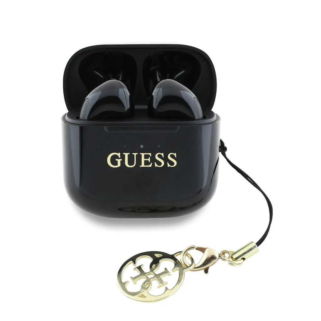 GUESS – Auriculares TWS Brillo Negro con Logo Clásico y Charm Colgante